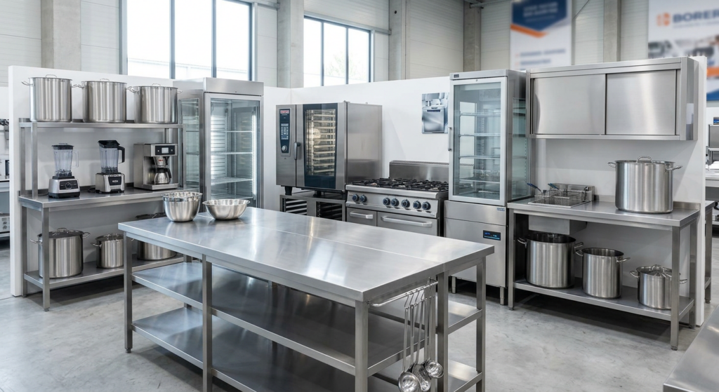 Modern commercial kitchen with stainless steel appliances, cooking pots, and workstations