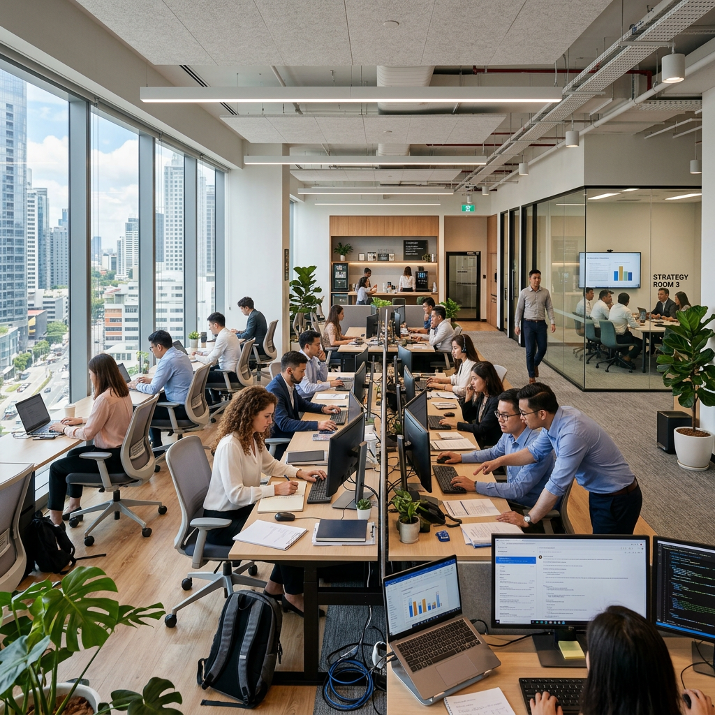 Open-plan office with employees working at desks and a meeting in a glass room